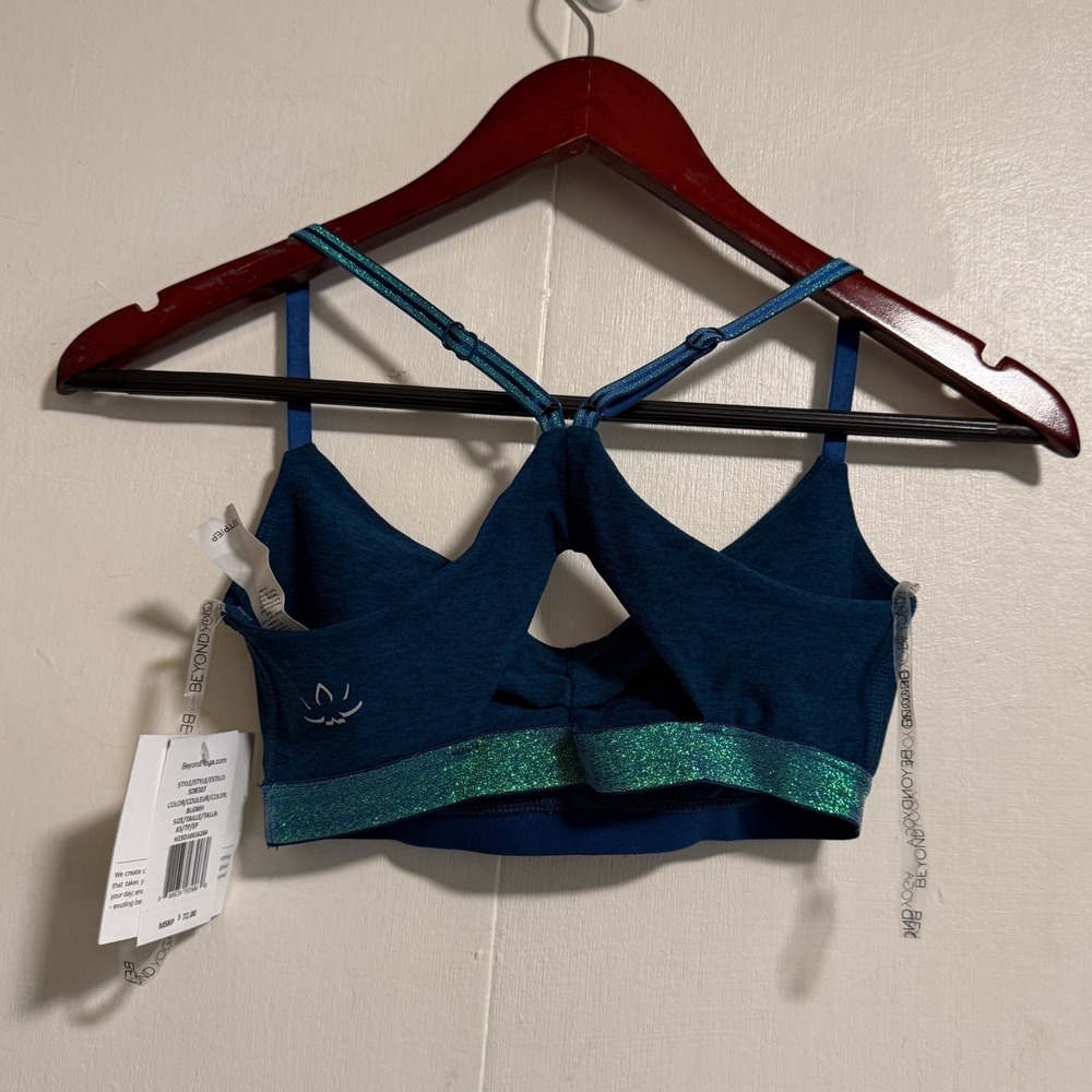 Beyond Yoga $72 NWT Womens Teal Blue Heather Metallic Green Sparkle Bra XS - Picture 2 of 6